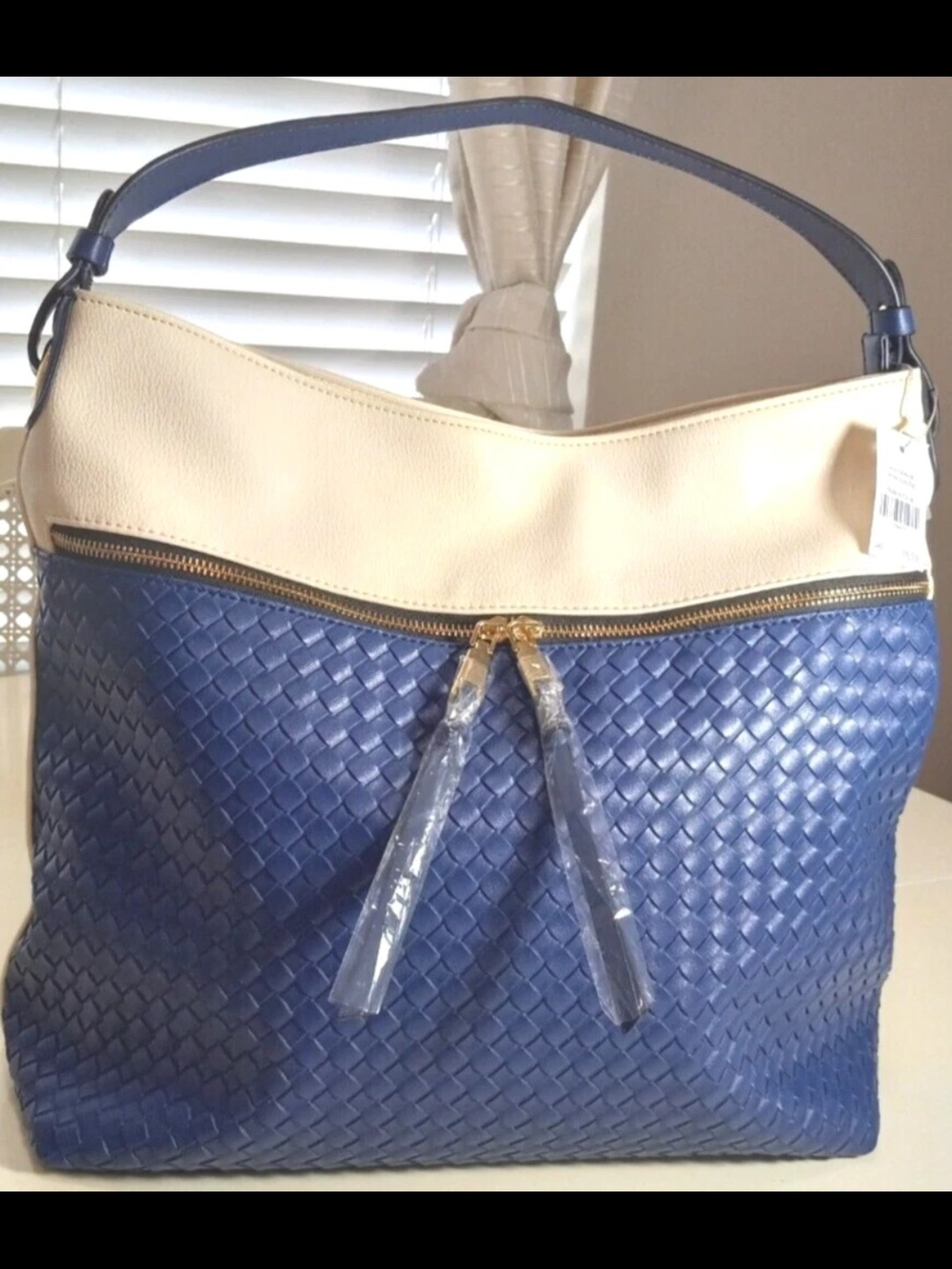 Colorblock Woven Navy and Cream Handbag Or Tote, NWT